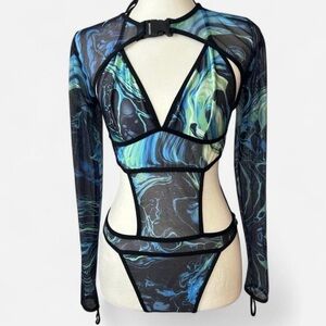 Cutout Mesh Long-Sleeve Bodysuit in Blue-Green Swirl